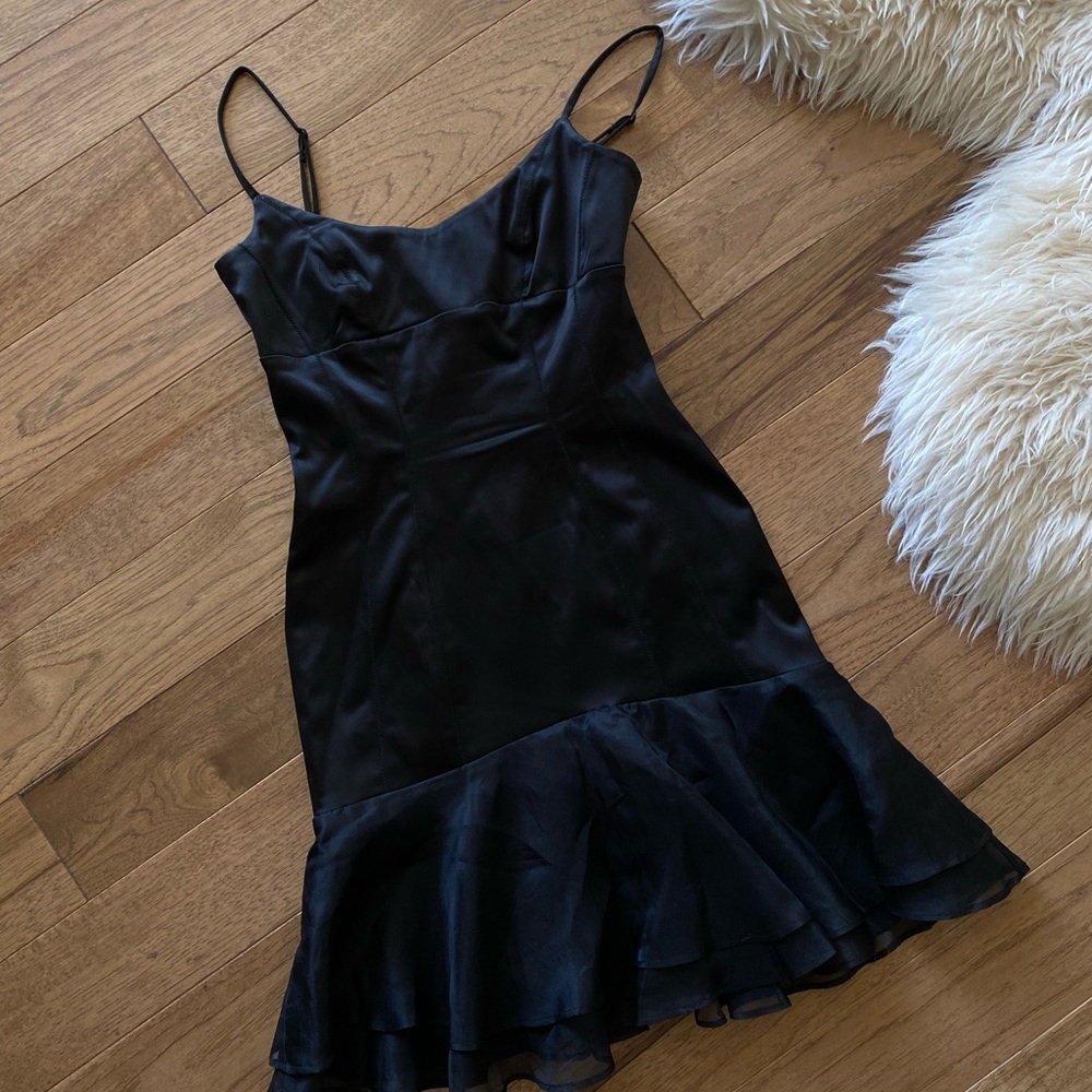 Fun Flirty Little Black Dress Satin Flounce Dress